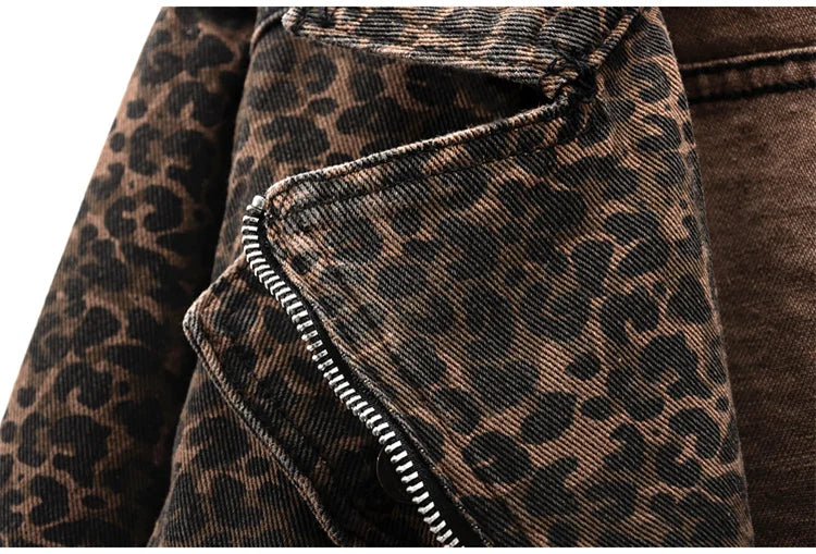 Autumn Vintage Leopard Print Slim Short Denim Jacket Women Cowboy Outerwear Chaquetas Mujer Casual Zipper Jeans Jackets Female