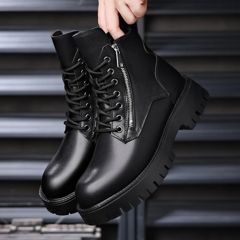 Motorcycle Boots Men's High Top Boots High Quality Mens Leather Shoes Fashion Outdoor Sneakers Men Lace Up Non-Slip Ankle Boots
