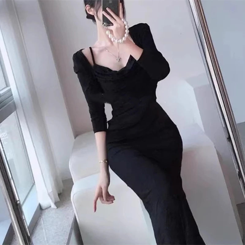 Sexy Long Sve Wrap Dr Korean Sle High Waist Autumn New Arrival Women's Two-Piece Set Long Skirt with ort Cardigan