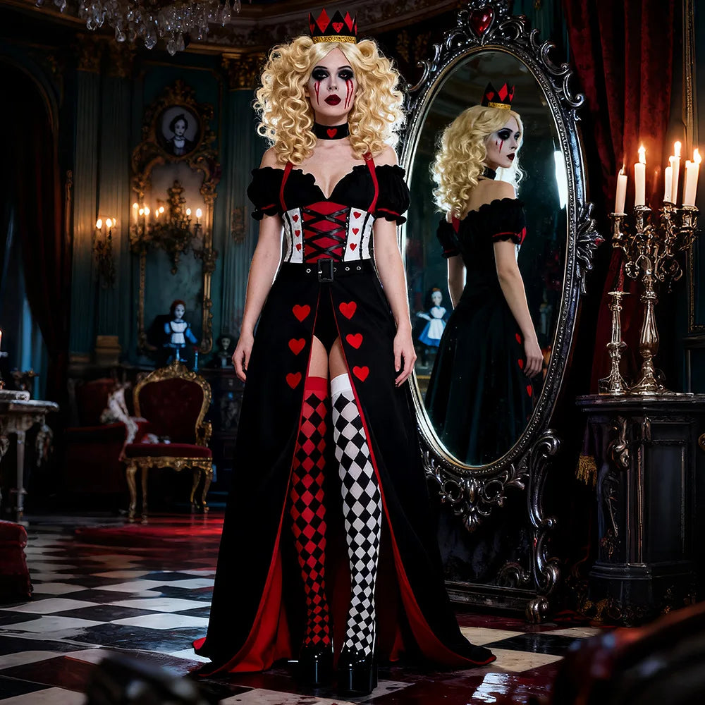 Adult Women Halloween Cosplay Red Heart Princess Queen of Hearts Alice in Wonderland Poker Queen Cosplay Masquerade Costumes