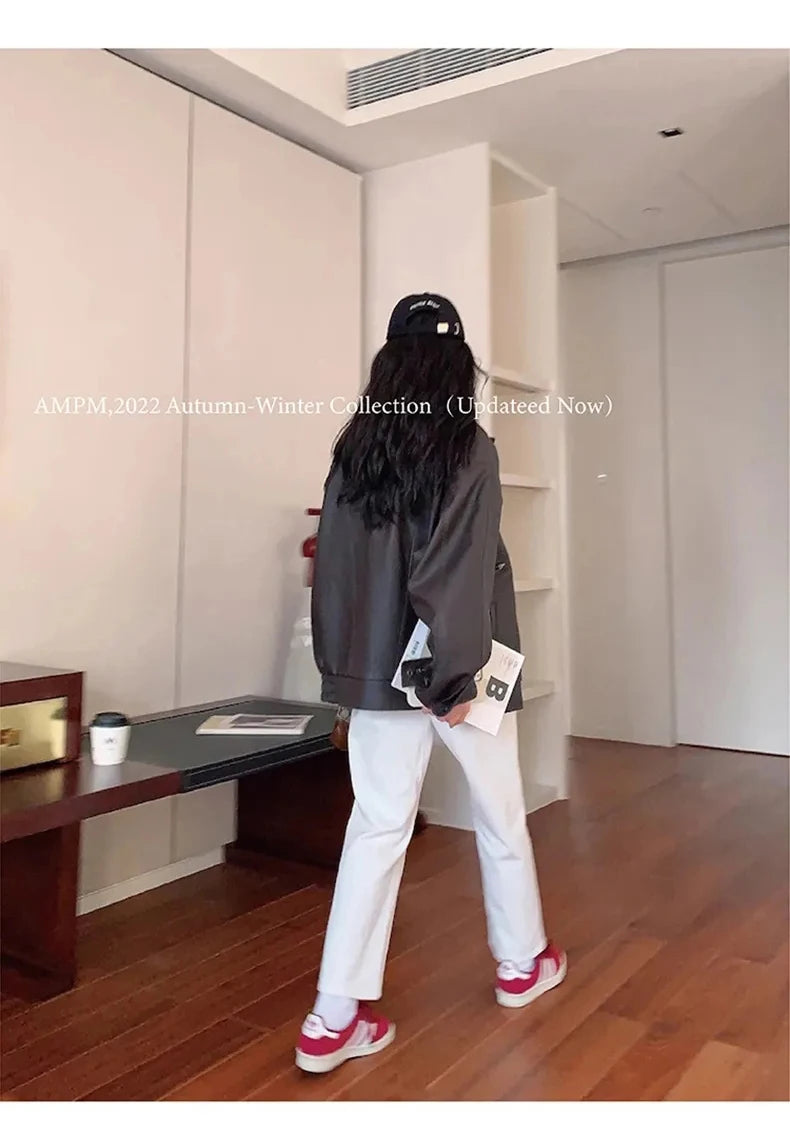 Lautaro Autumn Cool Brown Oversized Leather Jacket Women Drop Shoulder Long Sleeve Zippper High Quality American Retro Clothing