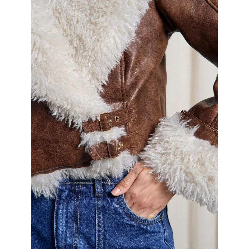 Women Brown Faux Leather Cropped Jacket  Lapel Collar Fur‑Trimmed Cuff Buckle Decor Zip‑Up Thick Warm Coat Lady Winter Outerwear