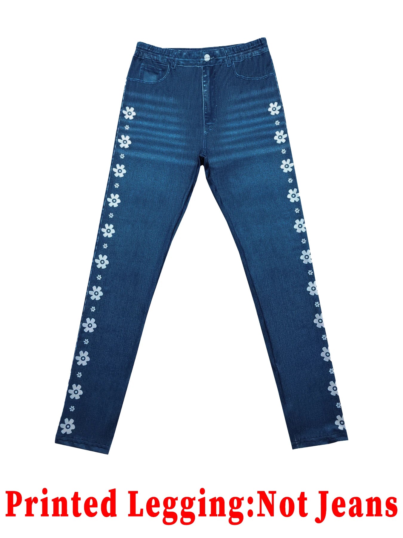 Fashion Women Faux Denim Printed Skinny Pants, High Elastic Seamless Fake Pocket Casual Sports Long Leggings
