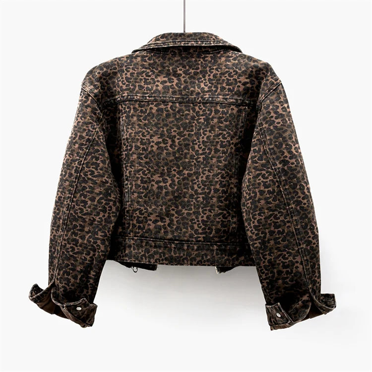 Autumn Vintage Leopard Print Slim Short Denim Jacket Women Cowboy Outerwear Chaquetas Mujer Casual Zipper Jeans Jackets Female