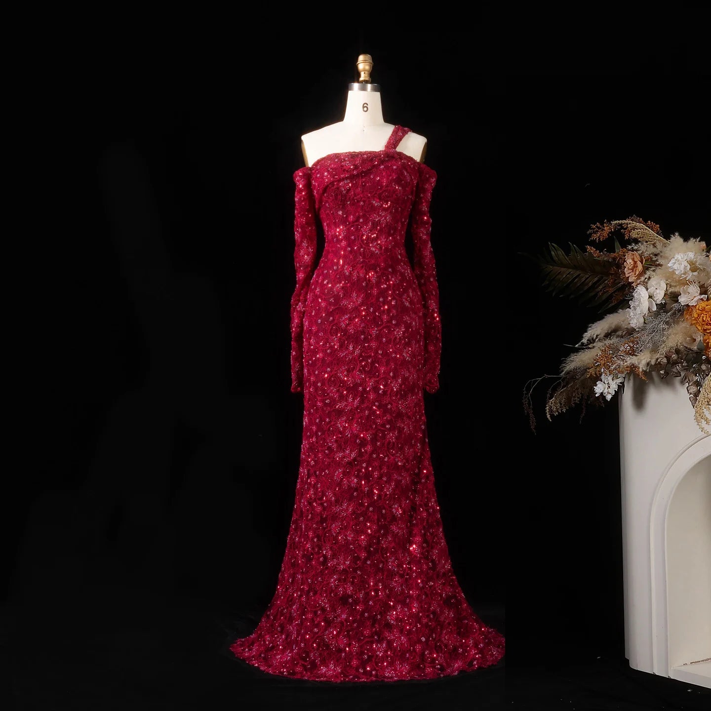 Sharon Said Dubai Elegant Wine Red Mermaid Evening Dress with Heavy Floral Beaded Women Wedding Formal Gown SF459 Customized