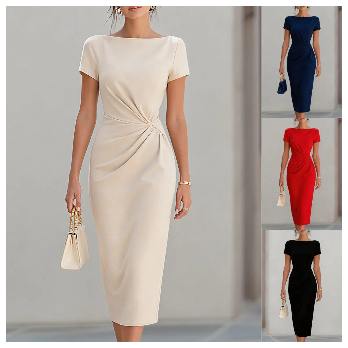 Women's Short Sleeve Twist Waist Midi Dress Bodycon Pencil Dress Elegant Office Party Cocktail Wear