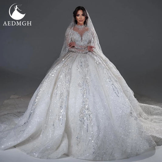 Aedmgh Ball Gown Luxury Wedding Dresses High Neck Long Sleeve Vestido De Novia Lace Sequined Princess Custom Made Bridal Gowns