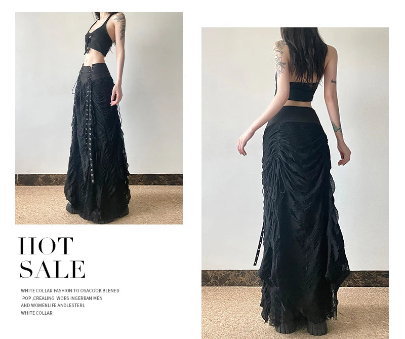 Gothic Long Skirt Bandage Lace Mesh Patchwork High Waist A Line Drawstring Split Black Skirt Irregular Aesthetic Female Fashion