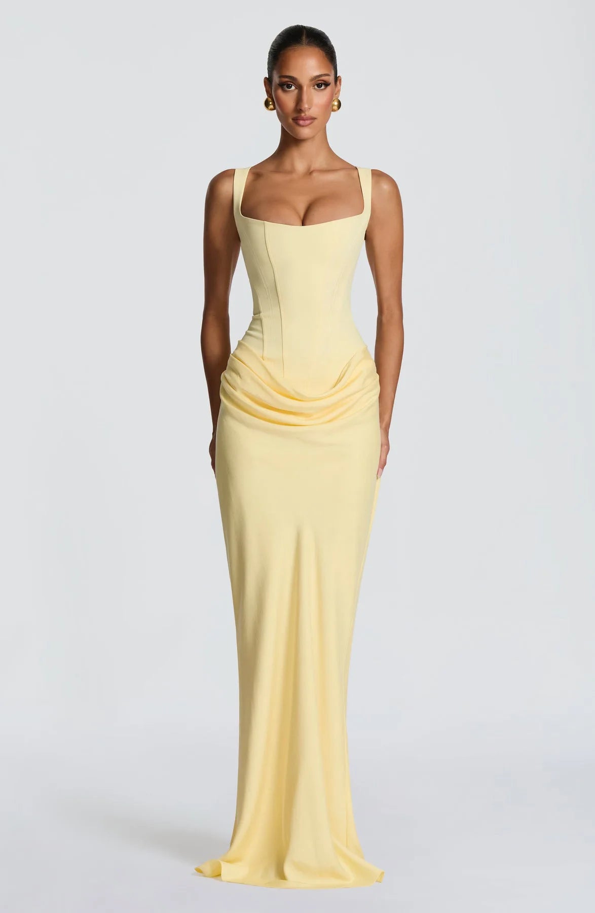 Ladies' formal square neck sleeveless waist cinching design with pleated fish tail long skirt for dinner party slimming dress