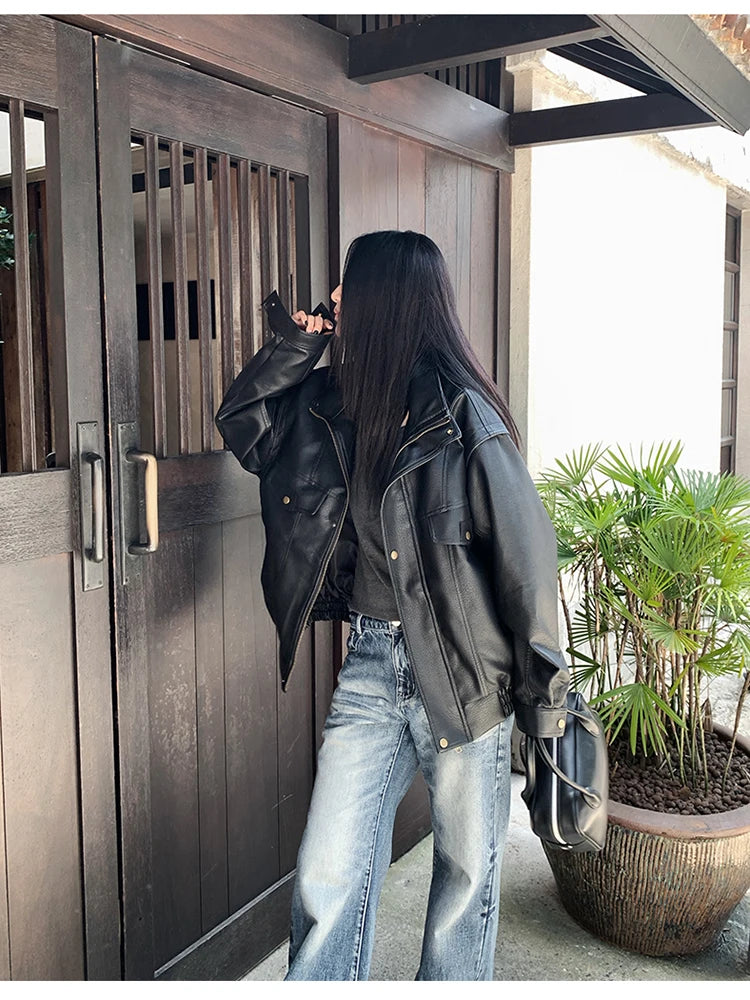 Lautaro Spring Winter Cool Oversized Thicken Warm Black Hard Pu Leather Jacket Women Long Sleeve High Quality American Clothing