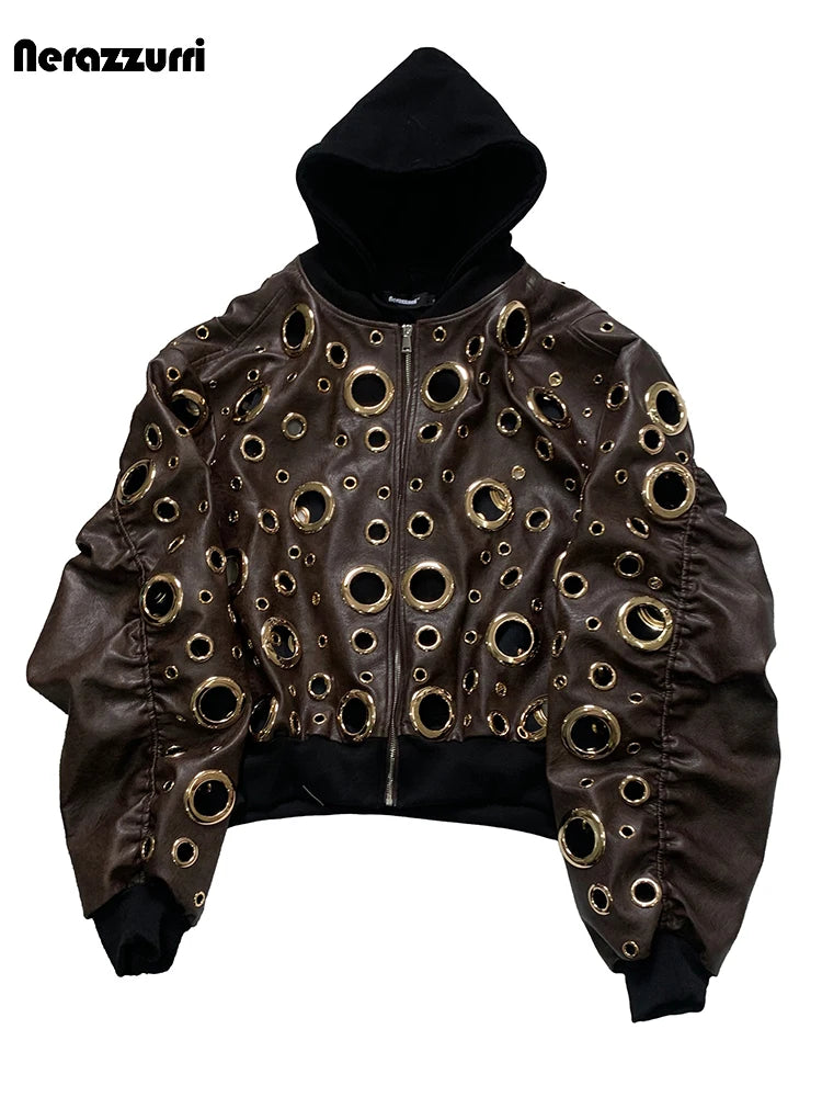 Nerazzurri Autumn Oversized Hollow Out Gold Pu Leather Jacket Men with Hood Hole Luxury Fake 2 Pieces Emo Menswear Clothing 2025