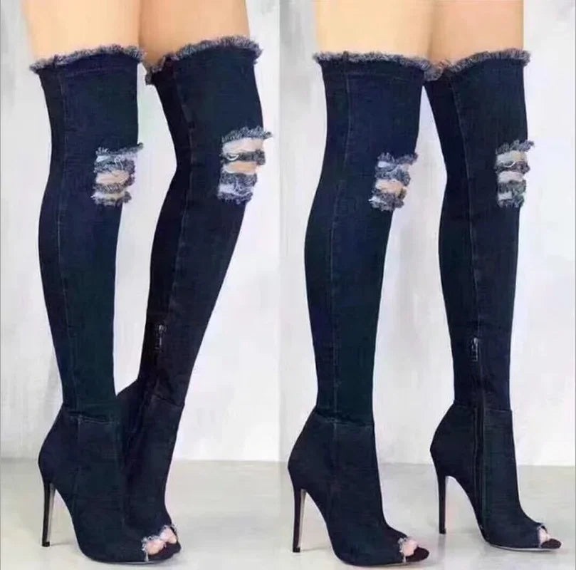 Summer Autumn Thigh High Boots Women Fashion Peep Toe Over The Knee Boots Blue Denim Jeans Zipper Long Boots Shoes Ladies