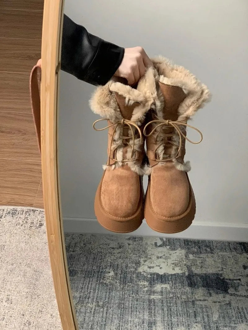 Retro fur integrated warm snow boots for women in winter 2025, new thick soled and plush thick anti slip cotton shoes