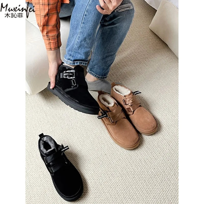2026 Winter New Style Wang Yibo Same Top Leather Outdoor Warm Men's Boots Fashion Versatile Short Tube Men's Snow Boots
