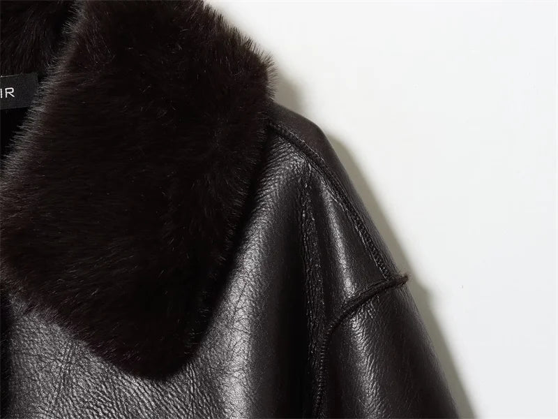 Women's Jacket 2025 Autumn/Winter New Arrivals Dark Brown Long-Sleeve Faux Leather Reversible Jacket Stylish and Unique