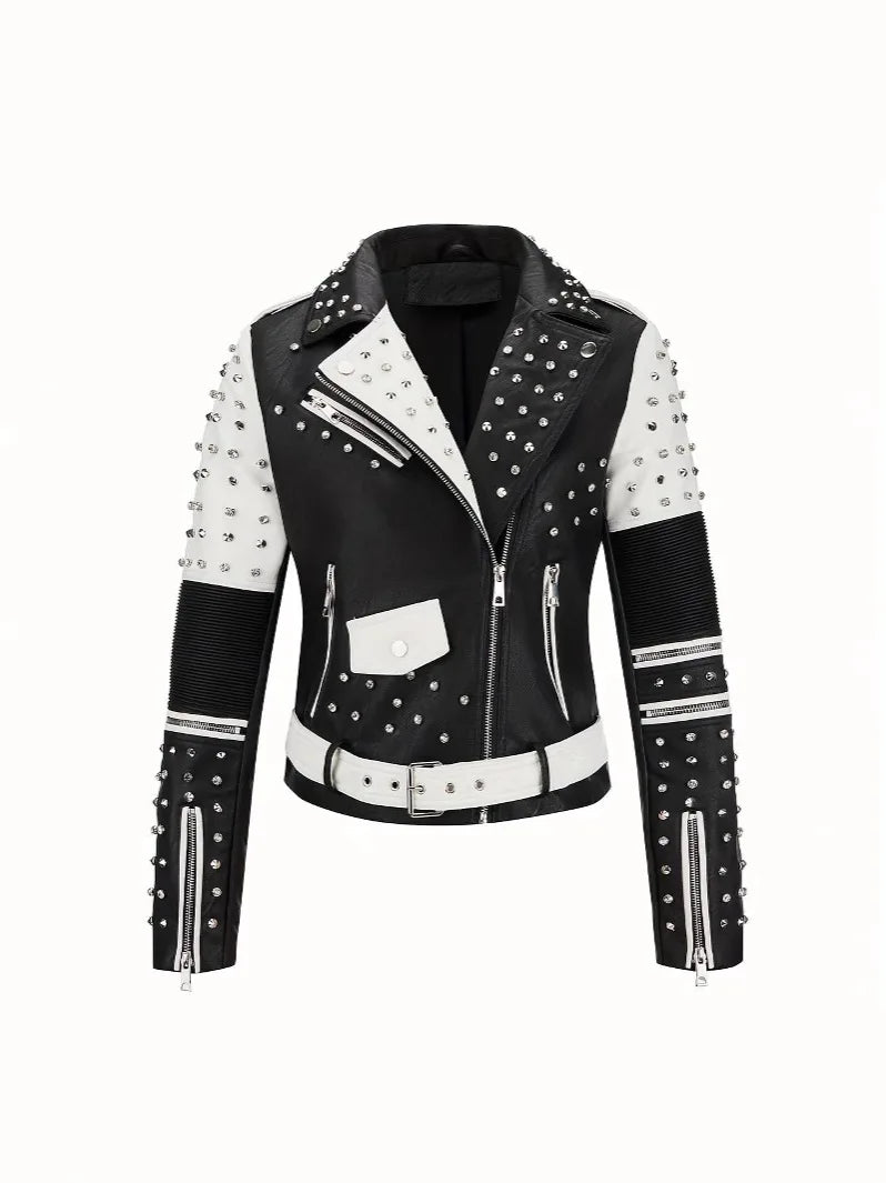 Luxury  Studded Leather Jacket, Motorcycle Slim Fit Punk Rock Women's Diamond Zipper Multi-Pocket Jacket zipper Coat Outwea