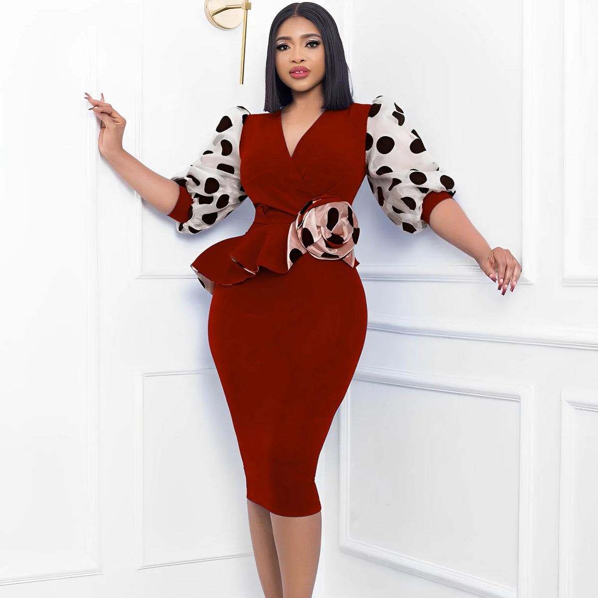 Elegant Dot Mesh Stitching V-neck Puff Sleeve Floral Appliques Bodycon Dress Women Ruffles Waist OL Even Party Dresses Vestidos