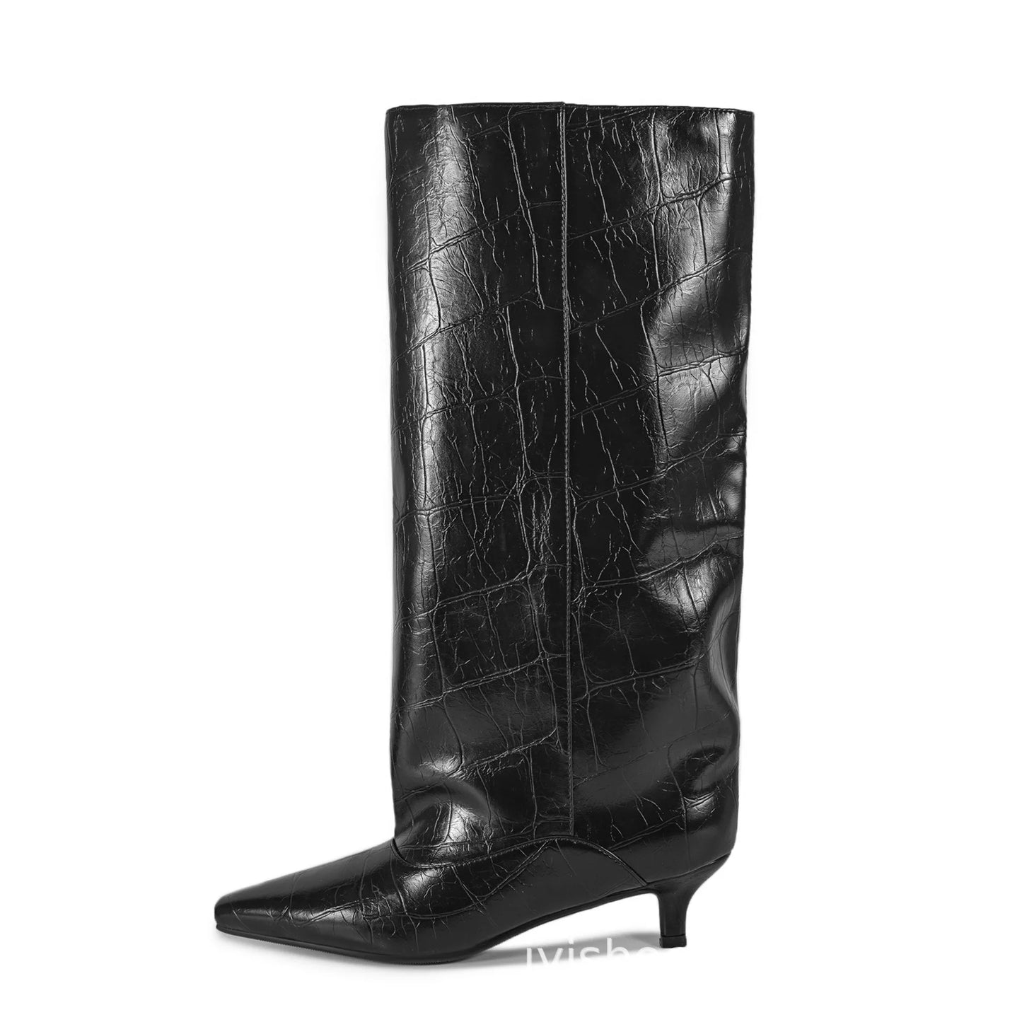 Women's Spring and Autumn New Cat Heel Wide Knee Knee Boots Fashion Pointed Women's Low Heel Mid Heeled Boots