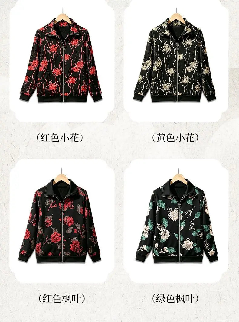 Womens Mom Floral Print Zip Up Jacket Lapel Collar Casual Loose Outerwear For Middle Aged Ladies