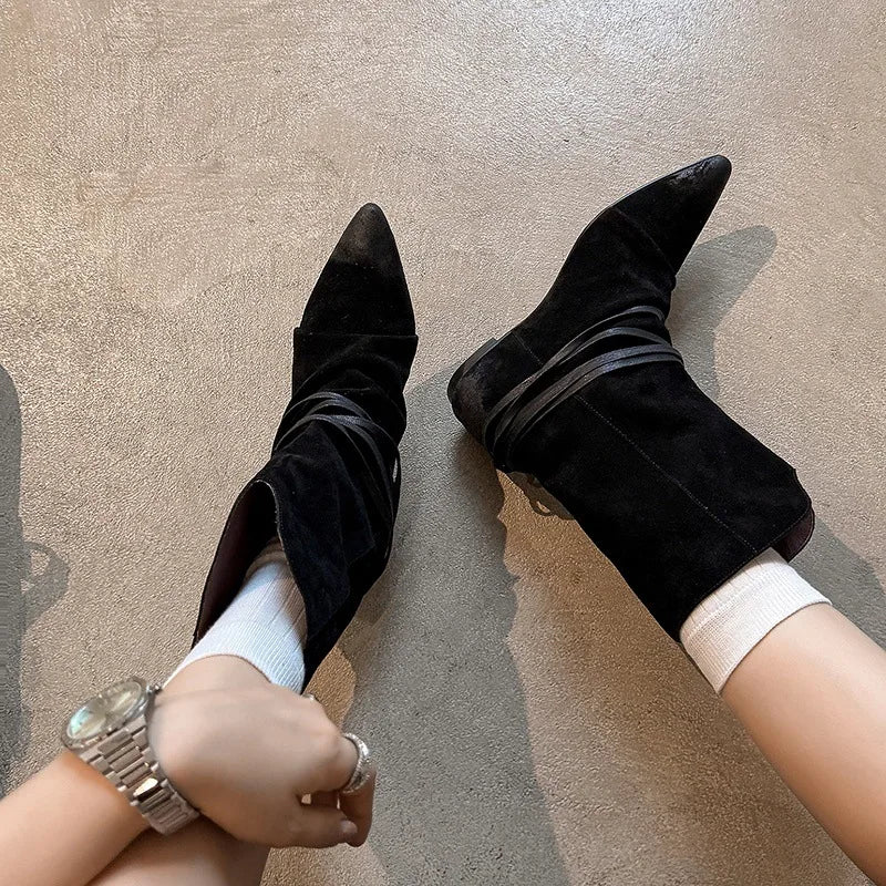 Arden Furtado Autumn Cow Suede Increased Internal Western Boots Pointed Toe Pleated Slip-On Middle Ankle Strap Short Boots