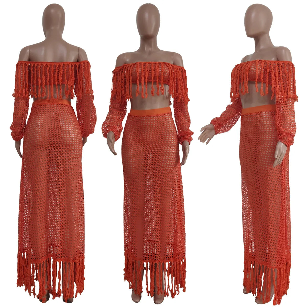 Skirt 2 Piece Set Women Beach Long Skirts Suit Top Off Shoulder Tassels Sexy Hollow Out Ensemble 2025 Summer Female Outfits