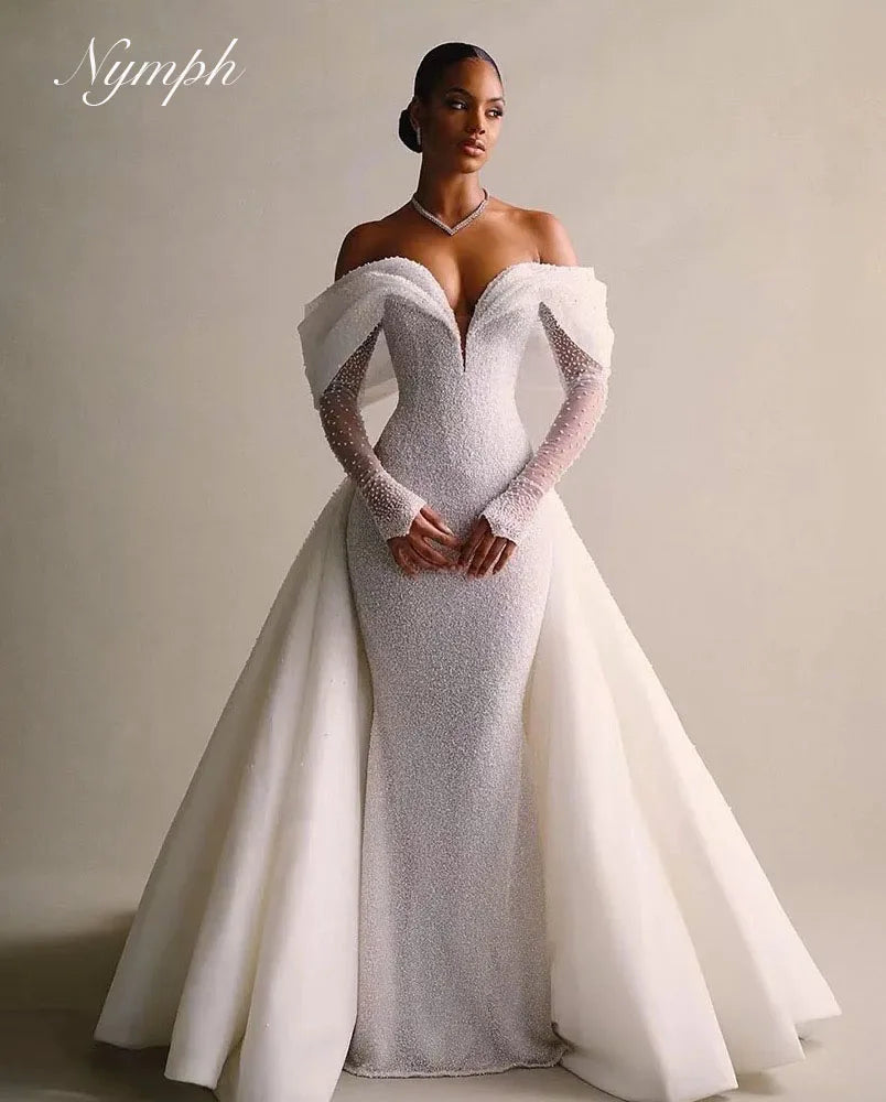 Vintage Lace Sequins Wedding Dress V Neck Full Sleeve Luxury Detachable 2 In 1Train Bride Gown Mermaid Vestido De Novia Customiz
