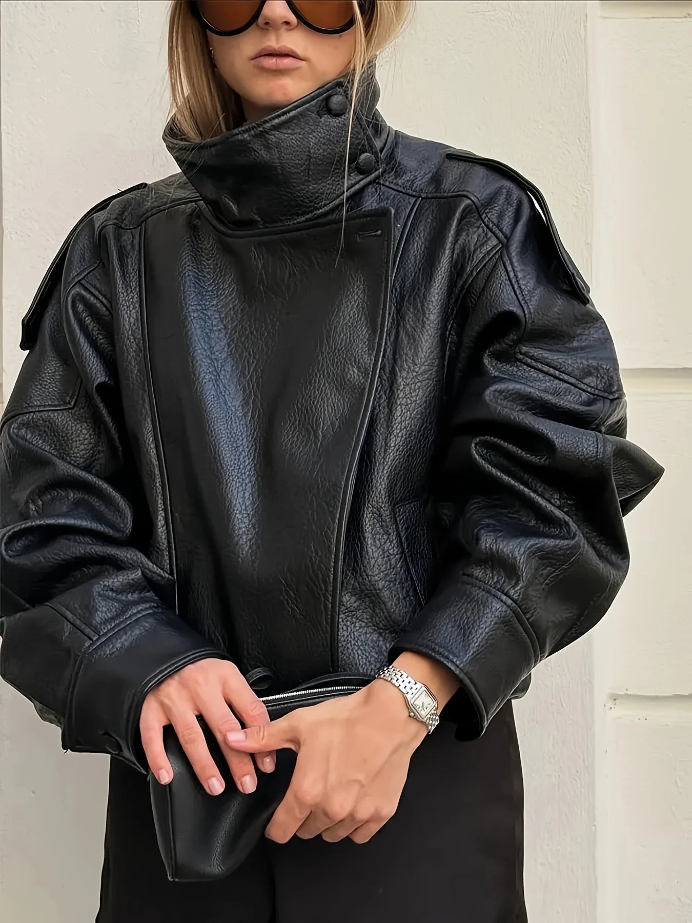 Women's Edgy Oversized Faux Leather Moto Jacket High Collar Asymmetric Zip Biker Coat