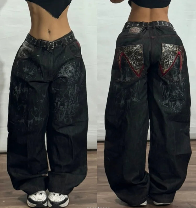 New Jeans Female Y2K American Harajuku Retro Washed Loose Jeans Street Fashion Casual Gothic High Waist Pants For Men and Women