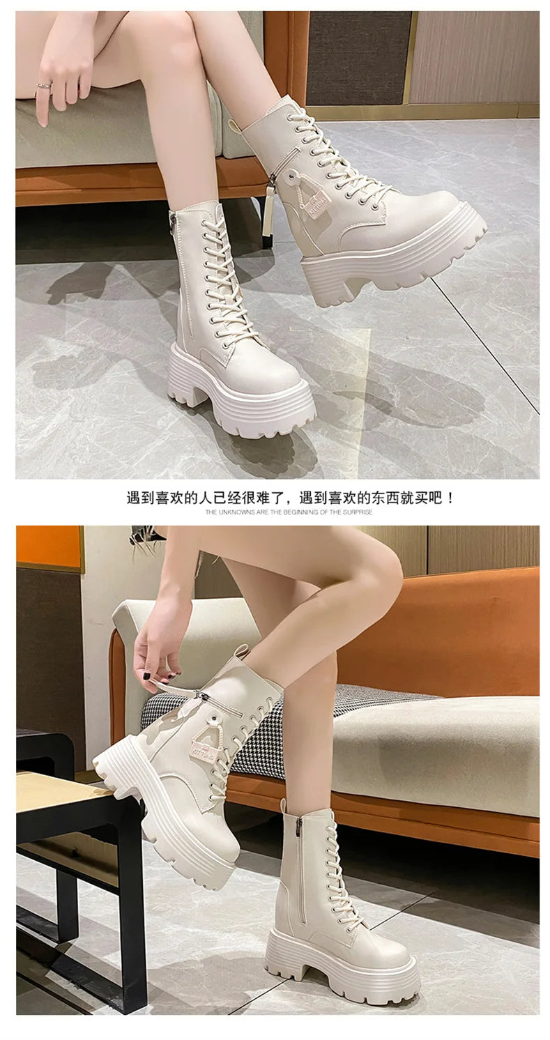 New 2023 Autumn Platform Mid-calf Boots  Women Thick Sole Winter Leather Punk Shoes Chunky Motorcycle Boots Woman