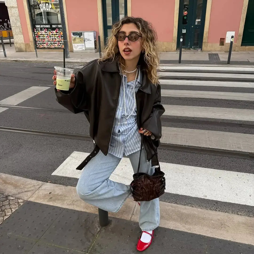 Casual Lapel Zipper Waist Belt Short Leather Jacket 2026 Women Loose Solid Pocket Pu Coat Autumn Lady Daily Highstreet Jackets