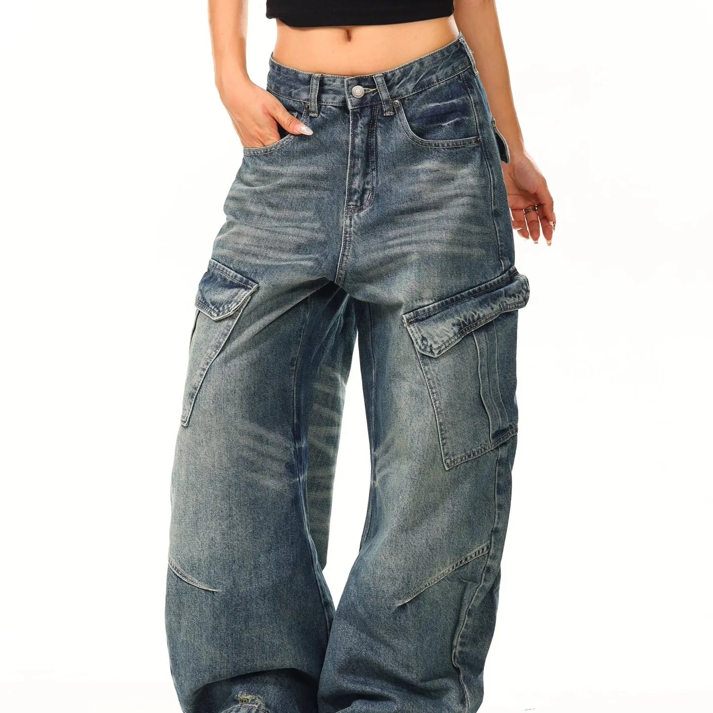Washed American High Street Vintage Large Pocket Knife Jeans Men Women Loose Casual Long Pants Cat Drag Shape Jeans