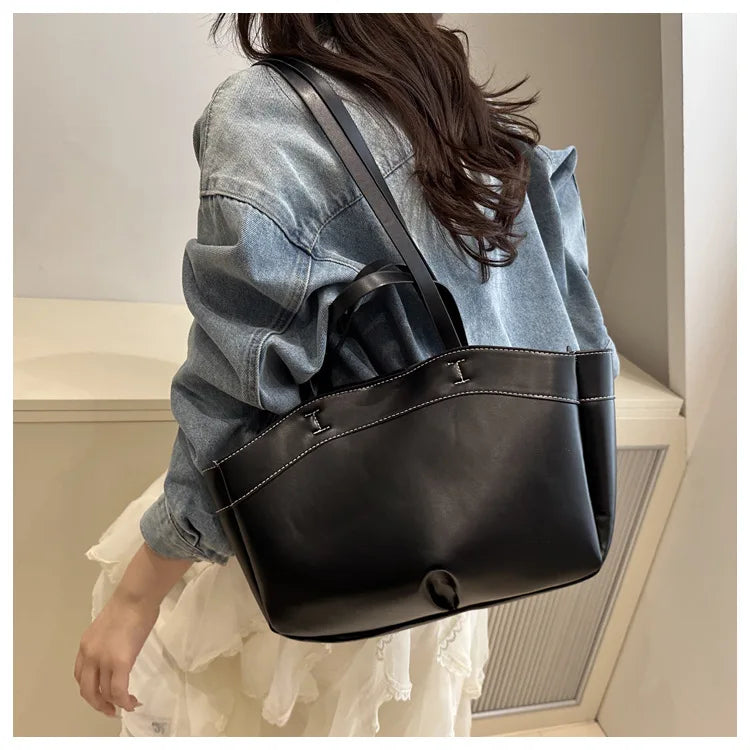 Solid Color Soft Leather Handbag Women Single Shoulder Tote Bag, Large Capacity Commuting Set Handbags Shopping Cross Body Bags