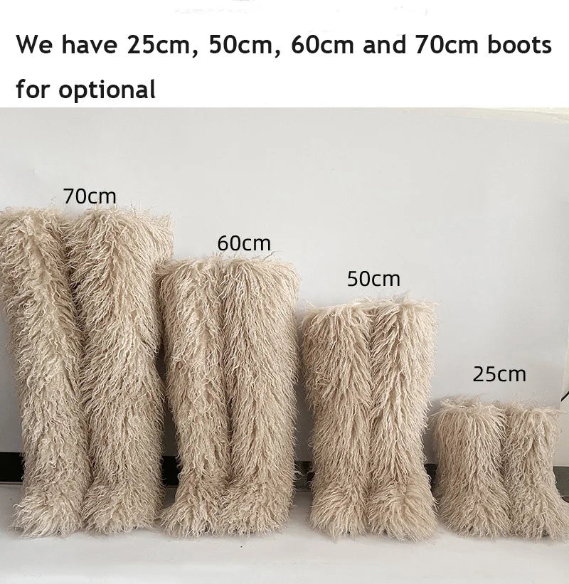 New Over The Knee Fur Boots Women Warm 72CM Long Faux Mongolian Fur Snow Boots Winter Luxury Fluffy Shoes Plush Platform Shoes