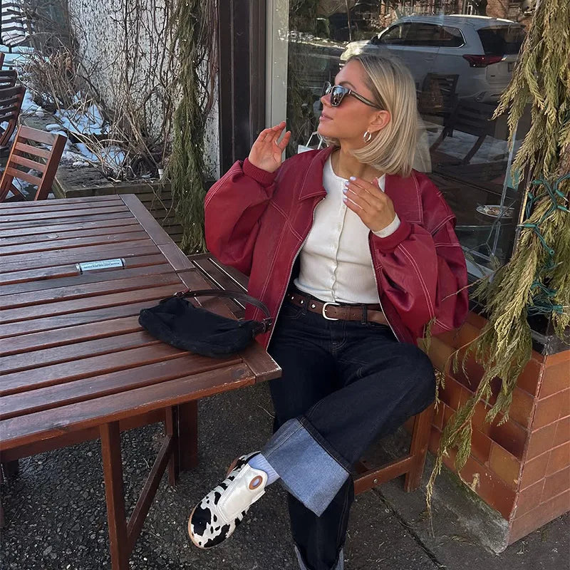 Women Stand Collar Leather Pilot Jacket Red Zipper Cropped Coat Fashion Casual Fashion Outerwear 2026 New Arrival Streetwear