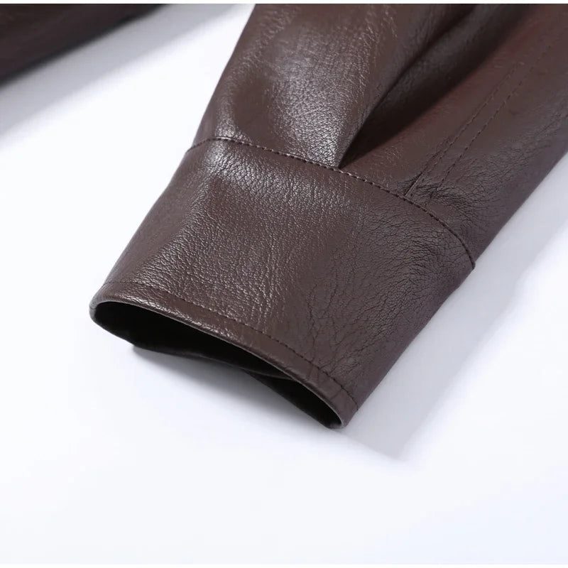 Fashion Solid Faux Leather Women's Jacket  Lapel Waist Cinching Loose Long Sleeves Coat Chic 2026 Spring Autumn New Street Wear