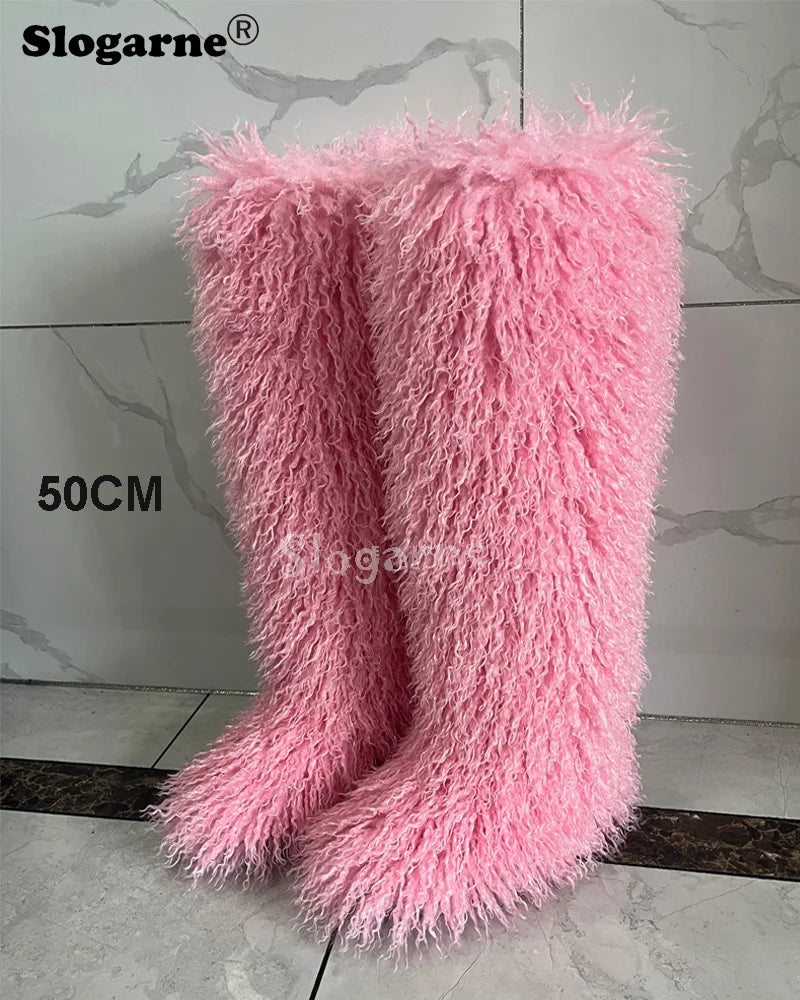 New Over The Knee Fur Boots Women Warm 72CM Long Faux Mongolian Fur Snow Boots Winter Luxury Fluffy Shoes Plush Platform Shoes