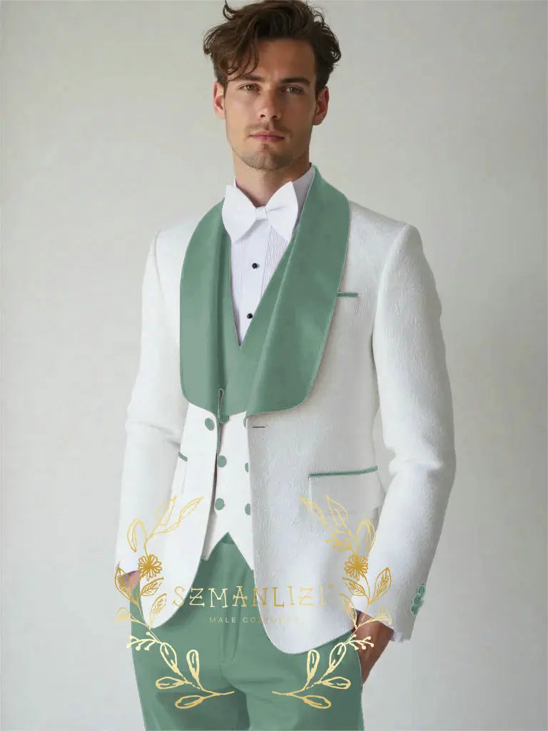 White Floral Wedding Men's 3-piece Suit Set (Jacket Pants Vest) Groom Tuxedo Formal Blazer Elegant Groomsmen Suit for Men