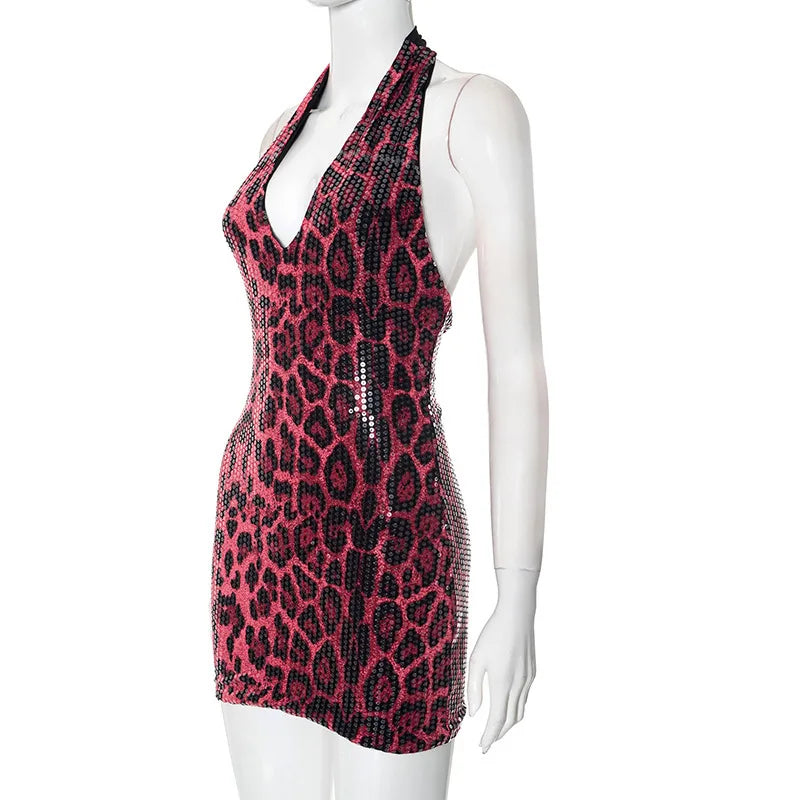 Sexy Dress Dresses 2025 Woman Vestidos Animal Print Backless Halter Neck Package Hip Sleeveless Wild Hot Girl Style Street Wind