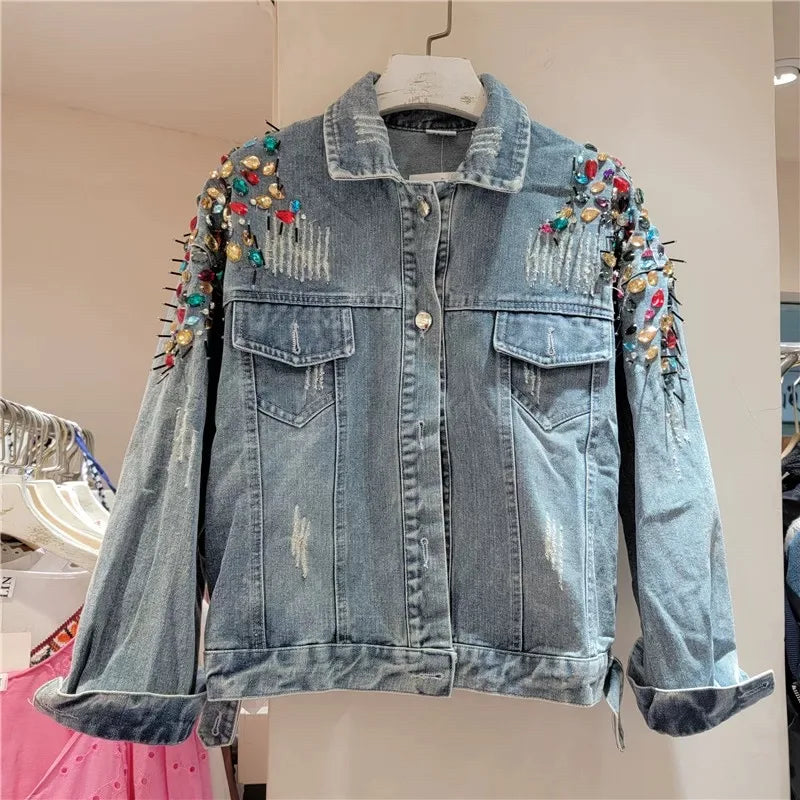 European and American style heavy industry embroidery splicing denim jacket 2025 new print loose casual denim women's jacket top