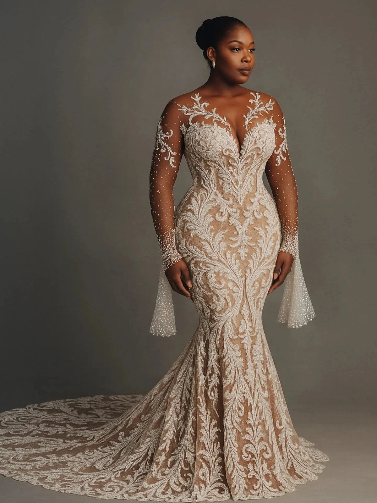 Custom African Sexy And Elegant Mermaid Wedding Dress With Deep V-Neck Long Sleeved Pearl Embroidery And Rhinestone Decoration