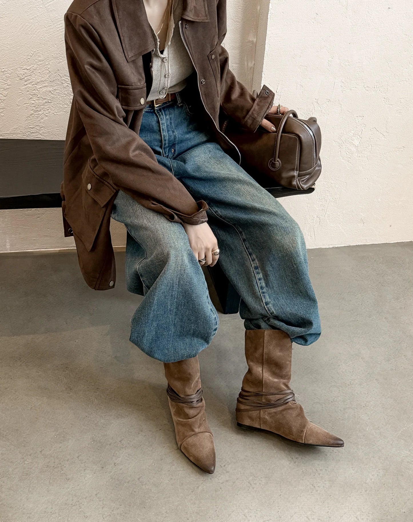 Arden Furtado Autumn Cow Suede Increased Internal Western Boots Pointed Toe Pleated Slip-On Middle Ankle Strap Short Boots