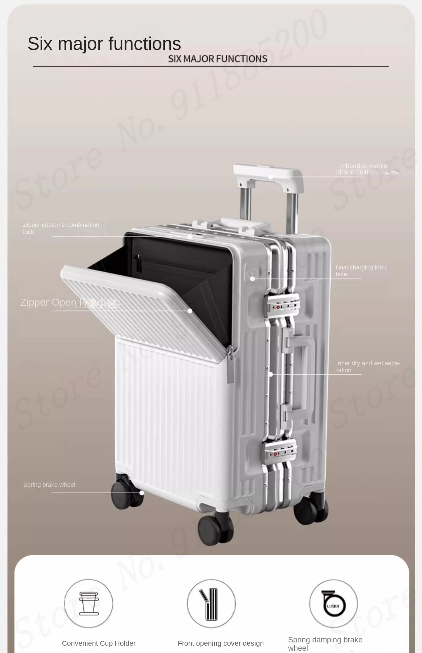 Front-opening Luggage with 24-inch Multi-functional Cup Holder Portable 20-inch Carry-on Suitcase 26-inch Large Capacity