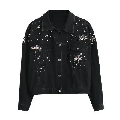 Women Denim Coat Single Breasted Turn Down Collar Distressed Dragonfly Beaded Jackets Vintage Washed Outerwear Streetwear