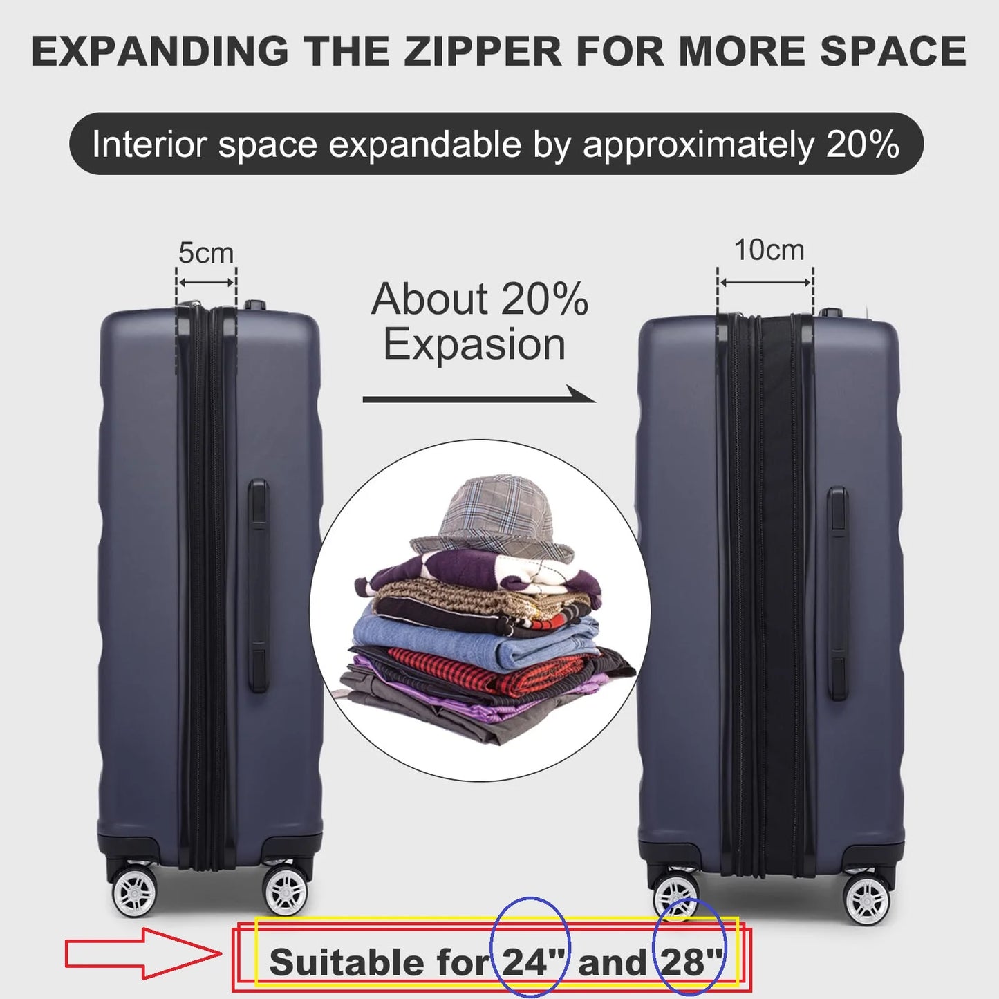 KONO hand luggage Suitcase-Lightweight hard case with TSA Lock & 4 spinner wheels, cabin-fit (55/65/75cm)