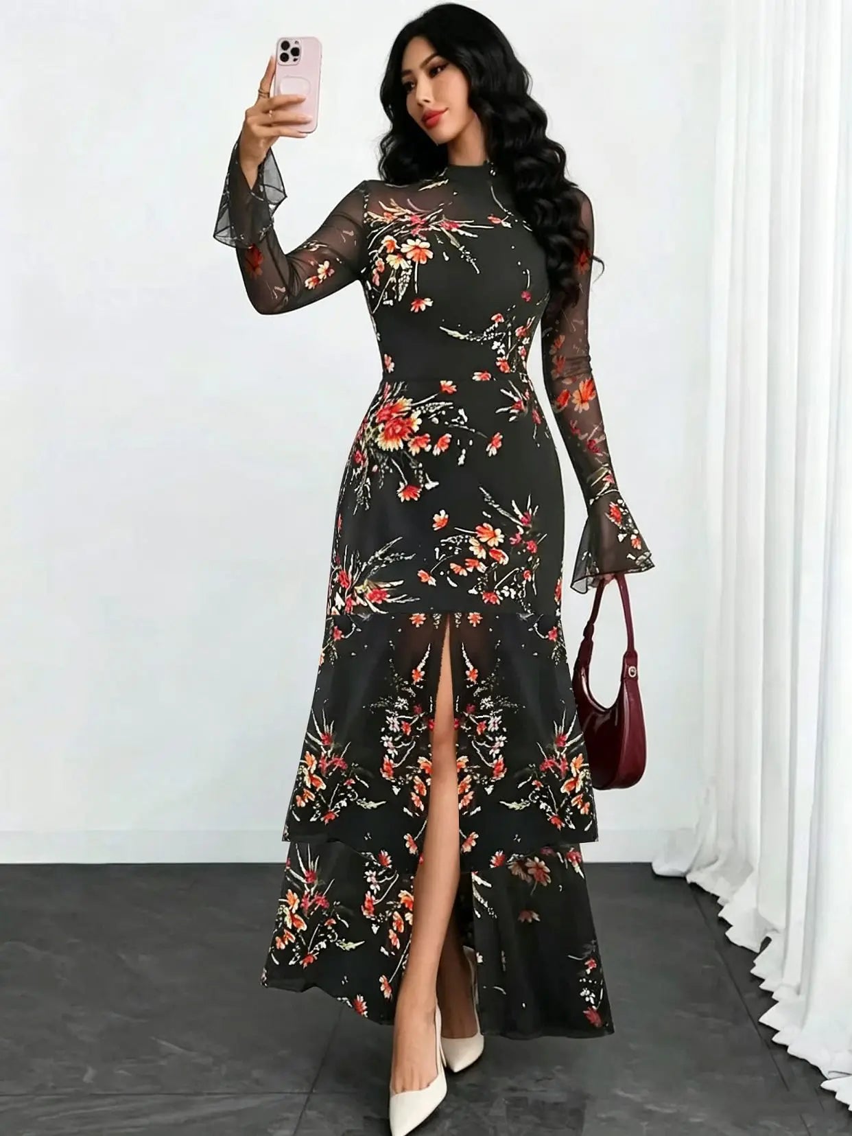 2026 Long Sleeves Evening Dress Dresses For Woman Party Wedding Temperament Sexy Slim Banquet Slit Printed Fashion Ruffles Slim