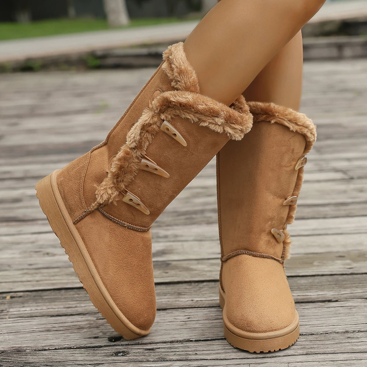 Women Snow Boots Winter Mid-calf Boots Warm Cotton Shoes Fashion Solid Color Button Ladies Brown Long Boots Plus Size 42