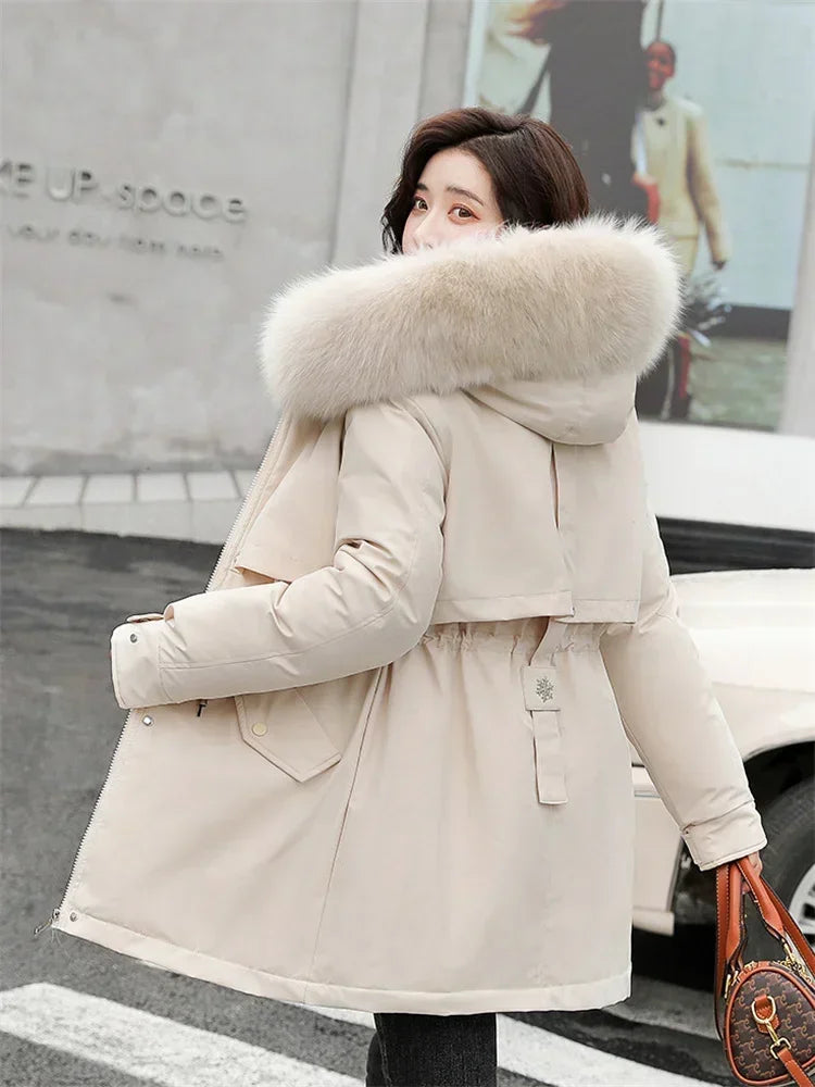 Winter Coat Low Price On Sale Women Beige Add Wool Thick Warmth Fur Hooded Parkas Jacket 2026 New Fashion Belt Slim Cotton Coat