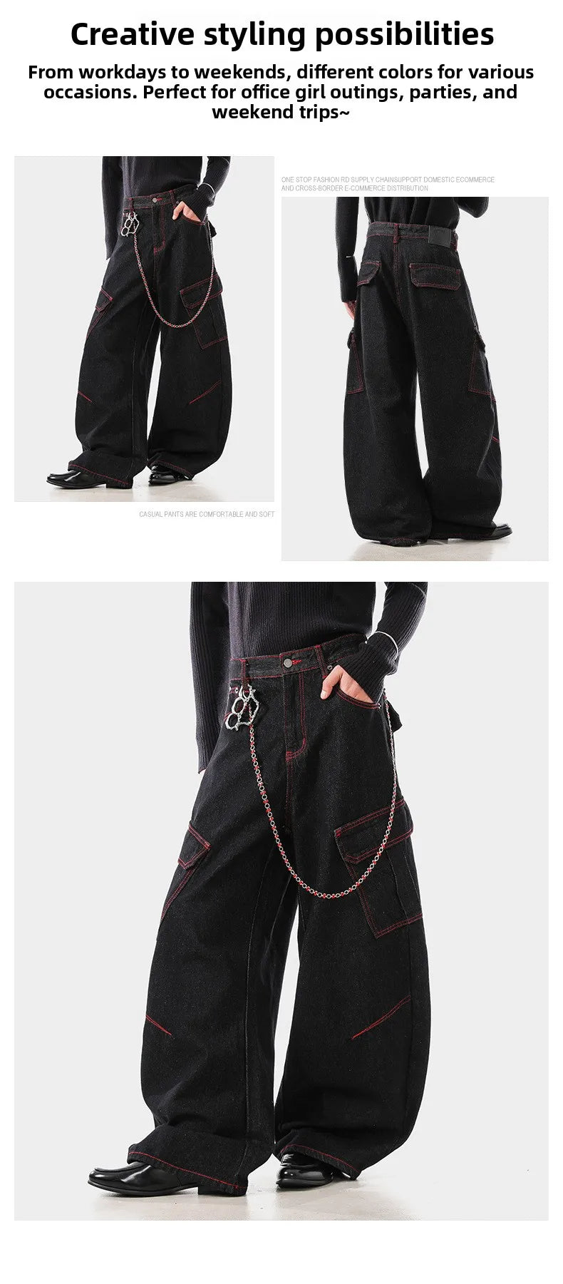American Retro Washed Denim Jeans Multi Pocket Loose Slimming Long Trousers Straight Cut Mid Waist Zipper Fly Casual Jeans