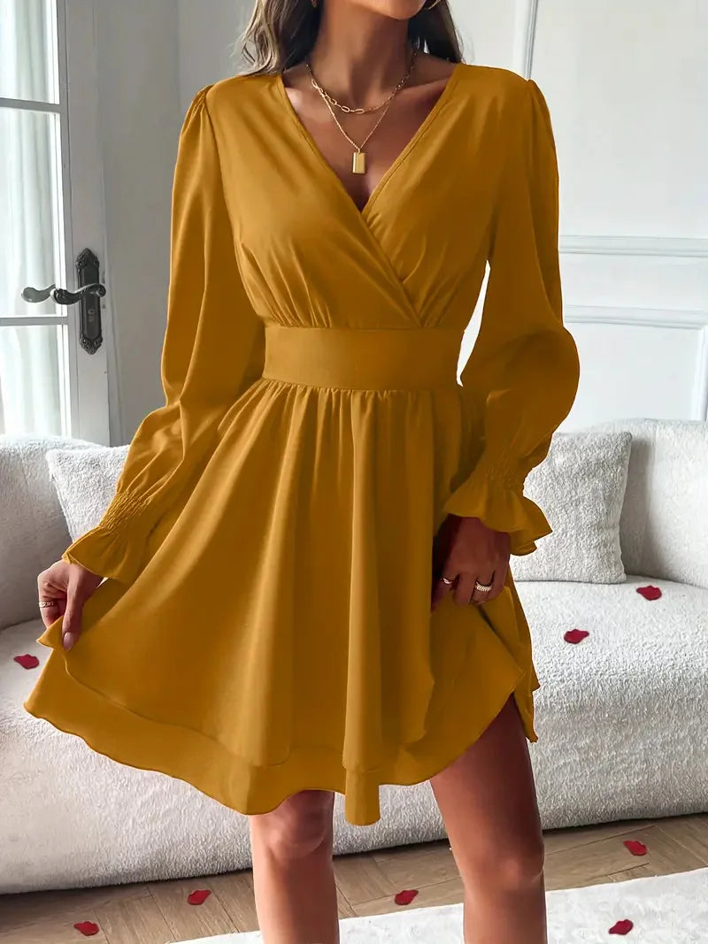 Dresses 2025 Woman Clothing V Neck Lantern Sleeve Wrap Mini Dress Ruched High Waist Elegant For Autumn Party Dress Vestidos