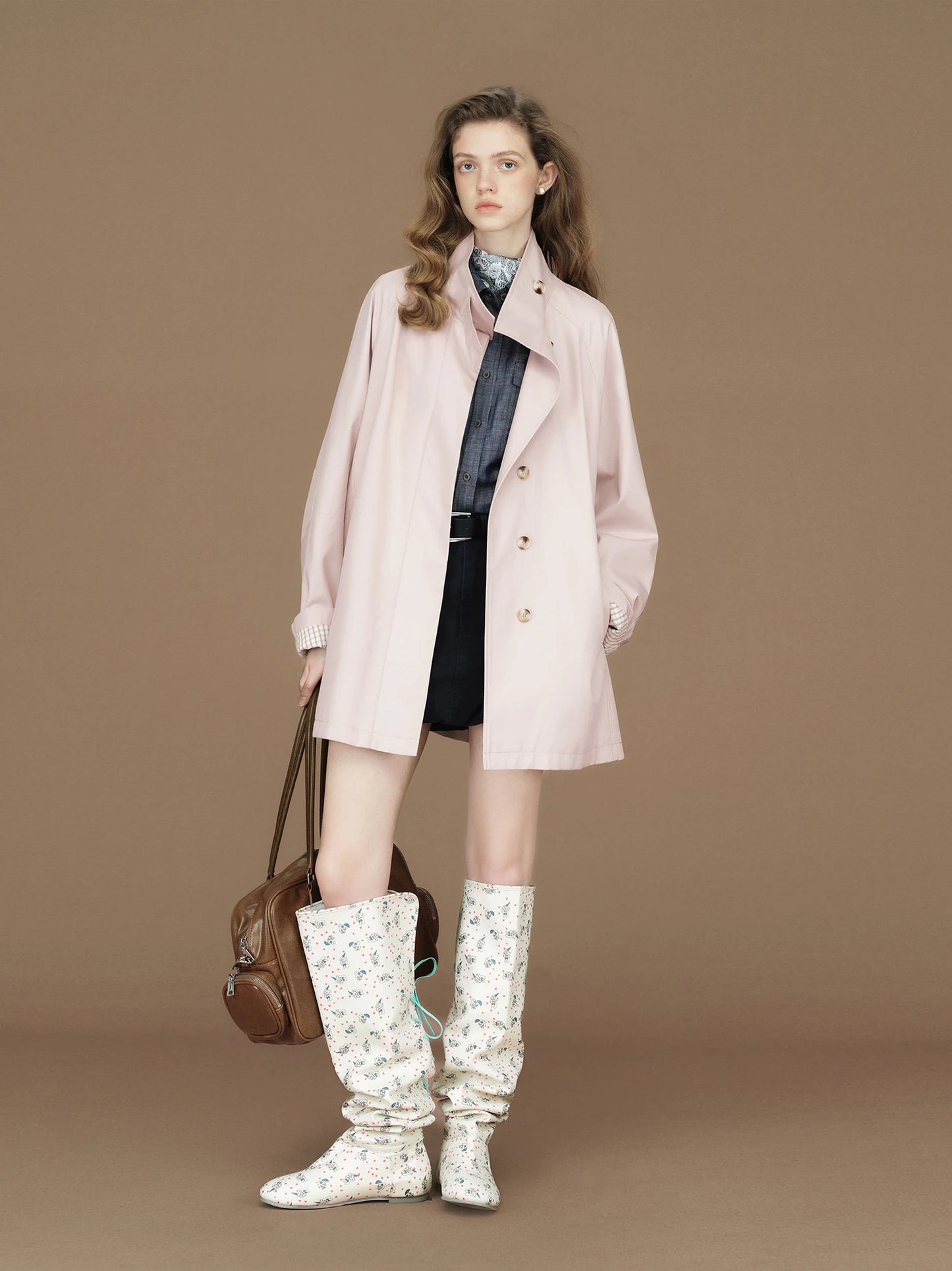 FSLE 2026 Womens British Trench Coat Contrast Cuff Stand Collar Heritage Workwear Style Pink Black Khaki Short Long Trench Coat